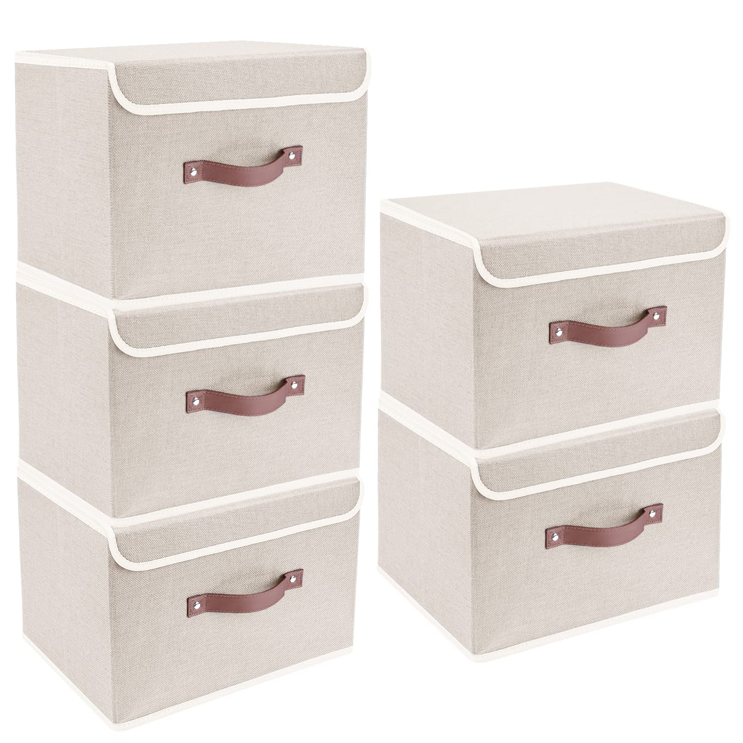 TYEERS Aufbewahrungsbox mit Deckel, faltbar, Stoff, 5 Stück, beige, mit Griff