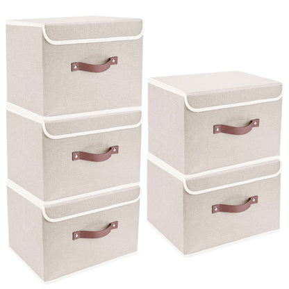 TYEERS Aufbewahrungsbox mit Deckel, faltbar, Stoff, 5 Stück, beige, mit Griff