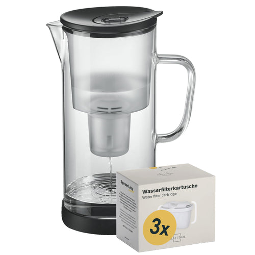 SILBERTHAL Wasser Filterkannen Set Glas 2.7 Liter inkl. 3 Filterkartuschen. Transparente Glaskanne mit Filtersystem zur Trinkwasseraufbereitung.