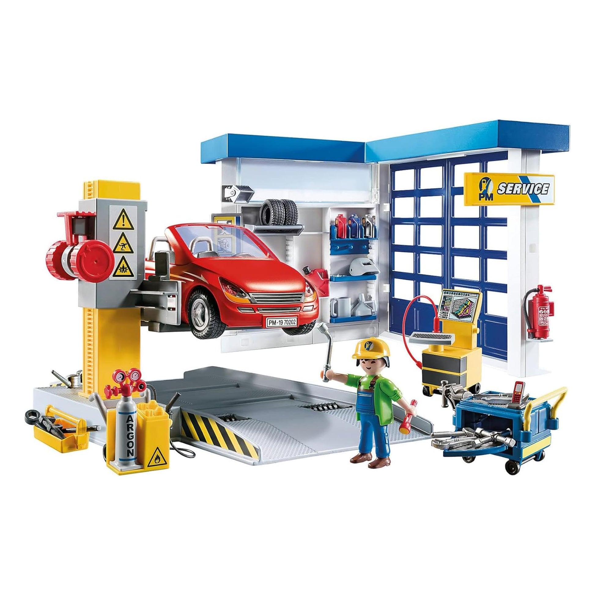PLAYMOBIL City Life Autowerkstatt Spielset – Modell 70202: Miniatur-Werkstatt mit Hebebühne, gelbem Auto und 2 Figuren zum Nachspielen von Fahrzeugreparaturen.