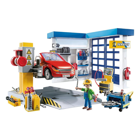 PLAYMOBIL City Life Autowerkstatt Spielset – Modell 70202: Miniatur-Werkstatt mit Hebebühne, gelbem Auto und 2 Figuren zum Nachspielen von Fahrzeugreparaturen.