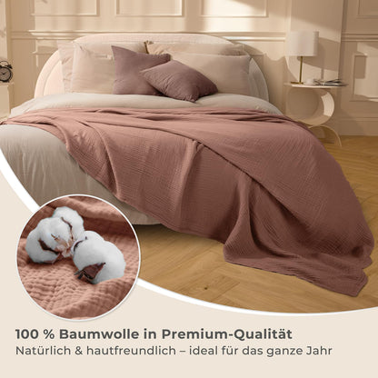 LAYNENBURG Musselin Tagesdecke 150x200 cm, 100% Baumwolle, Mokka