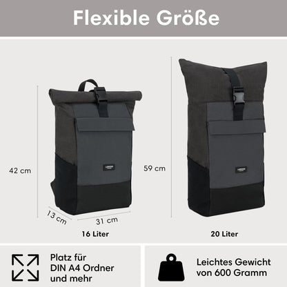 LARKSON No 4 Rolltop Rucksack Schwarz Grau mit Laptopfach 16 Zoll