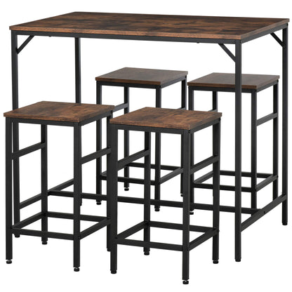 HOMCOM 5-teiliges Bartisch Set - Rustikal-Braun+Schwarz. Rechteckiger Tisch und 4 Hocker in Rustikal-Braun+Schwarz zum Essen in Küche/Essbereich.