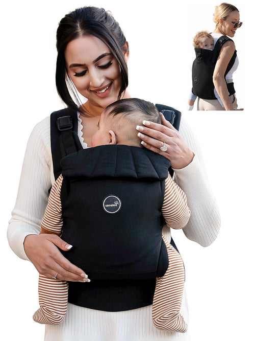 Grownsy Babytrage Ein-Klick-Schnalle, Kopfstütze, 3-20 kg, Schwarz – gepolsterte Gurte und hüftfreundlicher M-Sitz