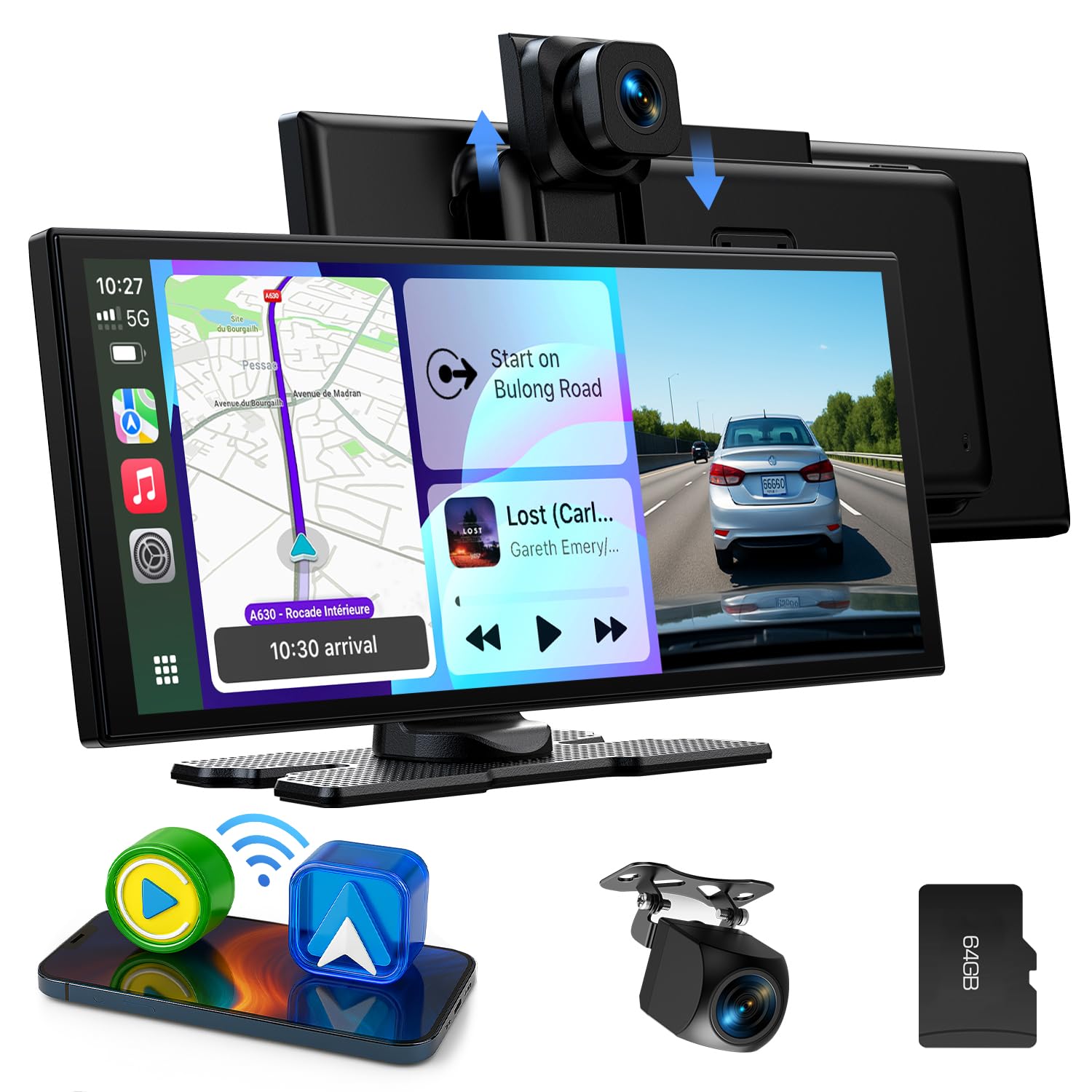 LAMTTO CarPlay Android Auto Display 10.25 Zoll + 2.5K Dashcam. Schwarzes 10.25-Zoll Display für Navigation/Medien und 2.5K Fahrtenaufzeichnung.
