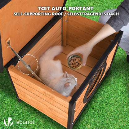 VOUNOT Katzenhaus aus Holz, wetterfest, Katzenohren-Design, 57x45x43cm