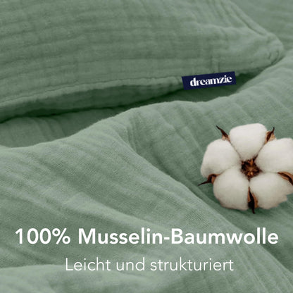 Dreamzie Musselin Baumwolle Bettwäsche Set – 220x240 cm Grün