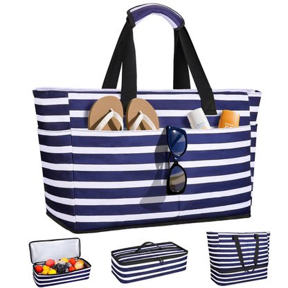 ISEYOU XXL Strandtasche mit Kühltasche, 49L, wasserdicht, faltbar, gemustert, mit Tragegriffen