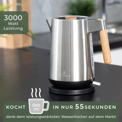 WALDWERK Design Wasserkocher - Edelstahl Eichenholz 1,7L