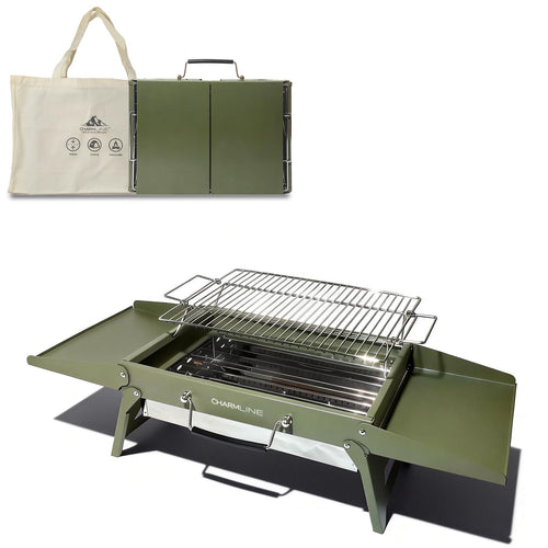 Charmline Holzkohlegrill klappbar, Campinggrill 39 x 27 cm, grün, aus legiertem Stahl