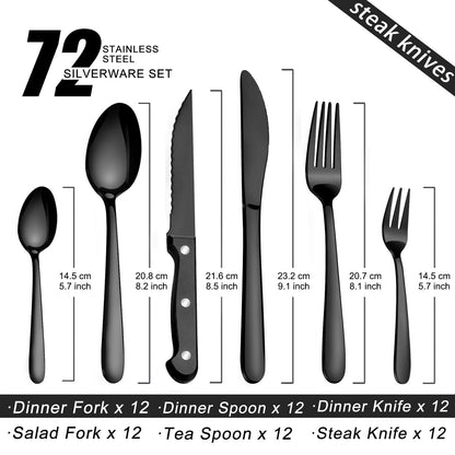 Pleafind Besteck Set 12 Personen, 72-teilig, Edelstahl, schwarz