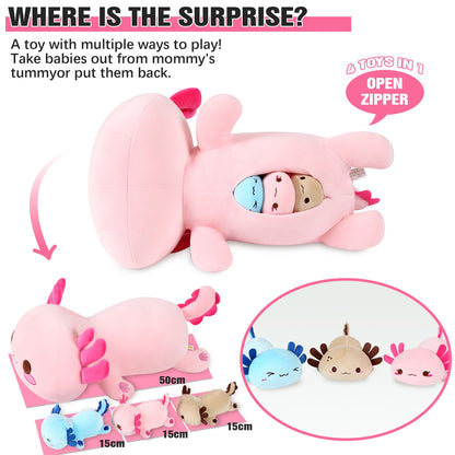 shownicer Axolotl Plüschtier, Kuscheltier Mama mit 3 Babys, 50 cm