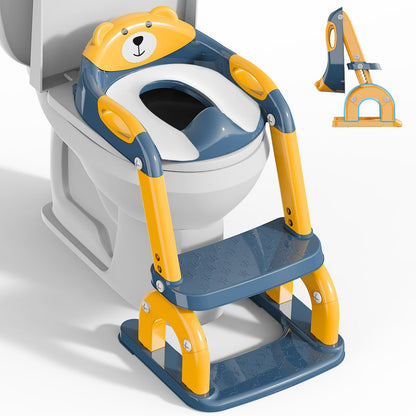 KYYOKE Toilettensitz Kinder mit Treppe, 2-in-1 Toilettentrainer, blau-gelb mit drei Trittstufen