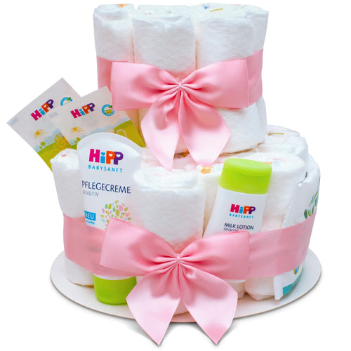 MilaBoo Windeltorte Mädchen rosa, 2-stöckig, Geschenk zur Geburt – aus 26 Premiumwindeln in Geschenkfolie