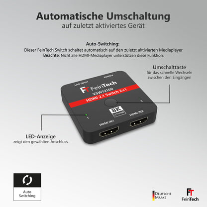FeinTech VSW12100 HDMI 2.1 Switch 2 in 1 Out 4K 120Hz 8K 60Hz 48Gbps