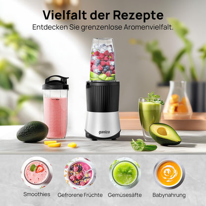 Ganiza Smoothie Maker CB08, 900 W Mini-Standmixer mit 3 To-Go-Bechern