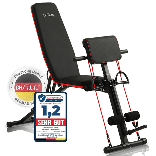 DH FitLife Hantelbank klappbar mit Curlbank & Beinstrecker. Stabile, schwarze Bank für Krafttraining: Bankdrücken, Bizepscurls, Beinstrecken.