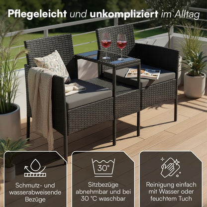 STEELSØN Velara Gartenbank mit Tisch, 2-Sitzer, Polyrattan, schwarz