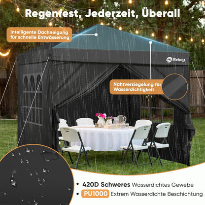 Sekey Premium Pop Up Pavillon 3x3 m mit Seitenwänden – Schwarz