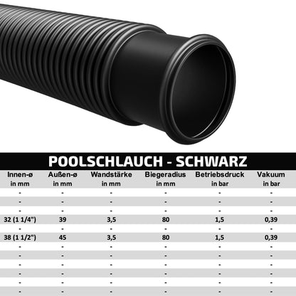 Deutscher Qualität Pool Saugschlauch – 38 mm, 21 m, Schwarz