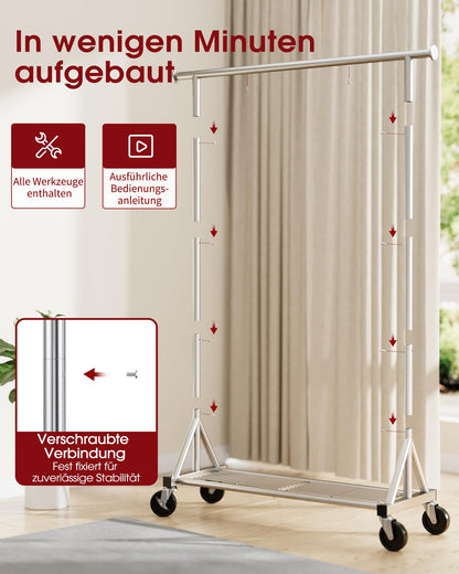 Sakugi Kleiderständer auf Rollen, Edelstahl, mit Mesh-Regal, silbern