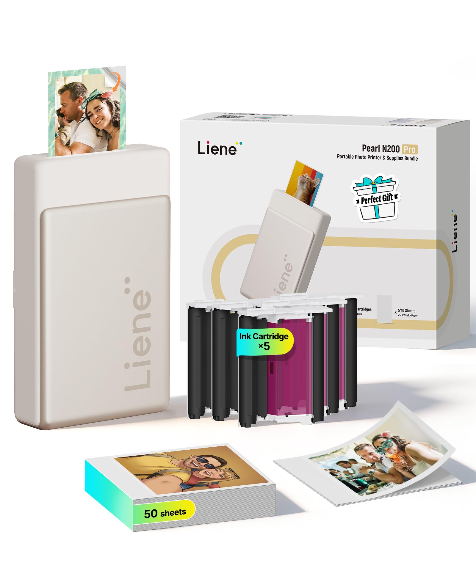 Liene Pearl N200 Pro Mini Fotodrucker in Gold, tragbar, für selbstklebende 5 x 7,6 cm Fotos