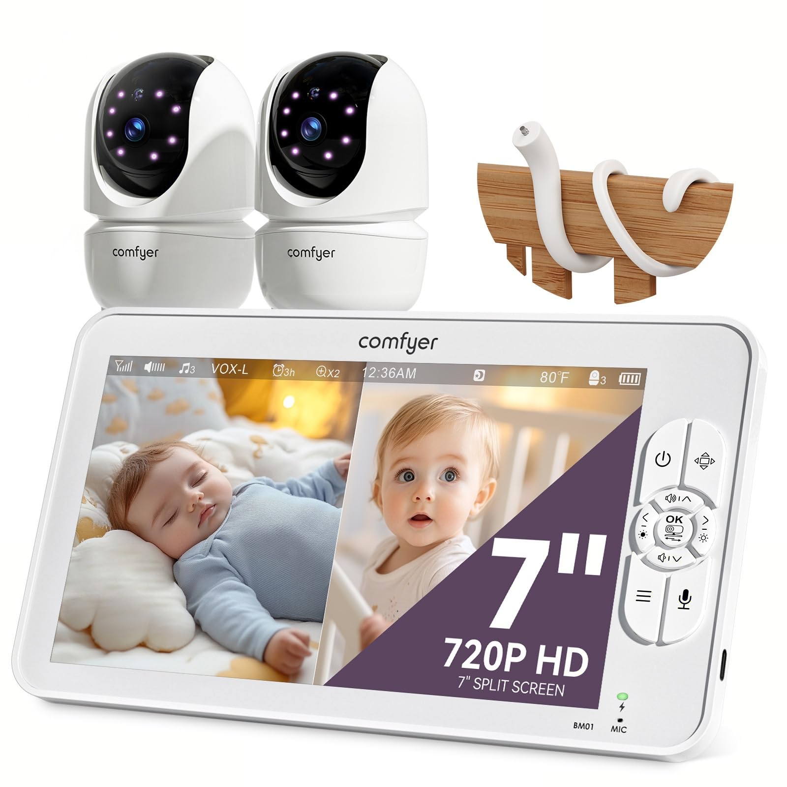 Comfyer BM01 Babyphone mit 2 Kameras und 7-Zoll-HD-Display, ohne WLAN – Video-Babyüberwachung im Split-Screen