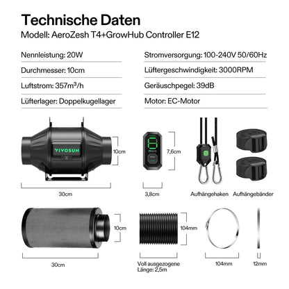 VIVOSUN AeroZesh T4 Abluftset 100mm - EC-Regler Kohlefilter