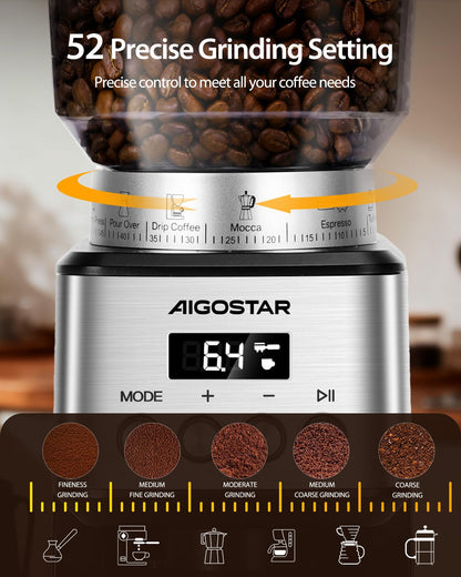 Aigostar Elektrische Kaffeemühle mit Kegelmahlwerk, 52 Mahlstufen