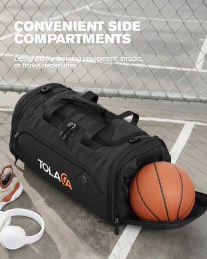 Tolaccea Sporttasche 56-70L erweiterbar mit Schuhfach, schwarz