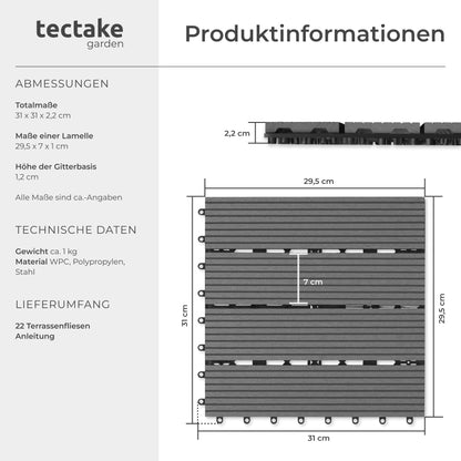 tectake WPC Klickfliesen Tegulas, Holzoptik, grau, 22er Set, 31x31 cm