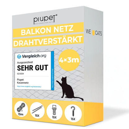 PiuPet Katzennetz drahtverstärkt 4x3 m schwarz inkl. Befestigungsset, PE-Drahtnetz für Balkon und Fenster