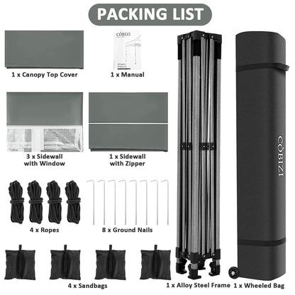 COBIZI Faltpavillon 3x3 Wasserdicht Stabil Winterfest mit Seitenwand,Pop Up Pavillon Partyzelt,Sonnenschutz Gartenpavillon,Pavillon Faltbar mit Tasche mit Rollen(3 mal 3m Grau)