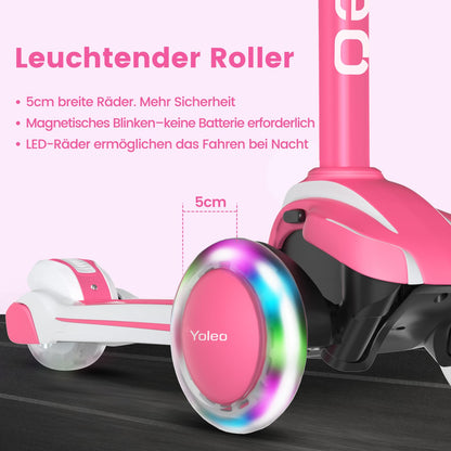 Yoleo Kinderscooter Dreiradroller mit leuchtenden Rädern, rosa-weiss