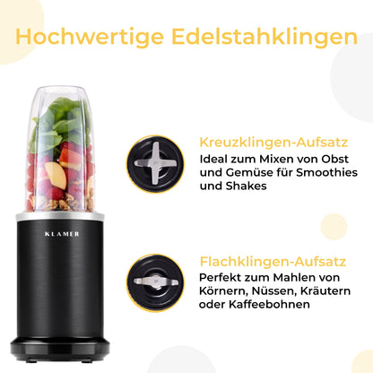 KLAMER Bullet Mixer 1000 Watt Smoothie Maker mit 2 Mixbehältern