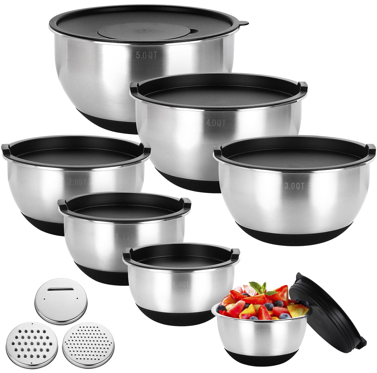 Bastwe Edelstahl Schüssel Set, 7-teilig, mit Deckel und Reibeaufsätzen, stapelbar