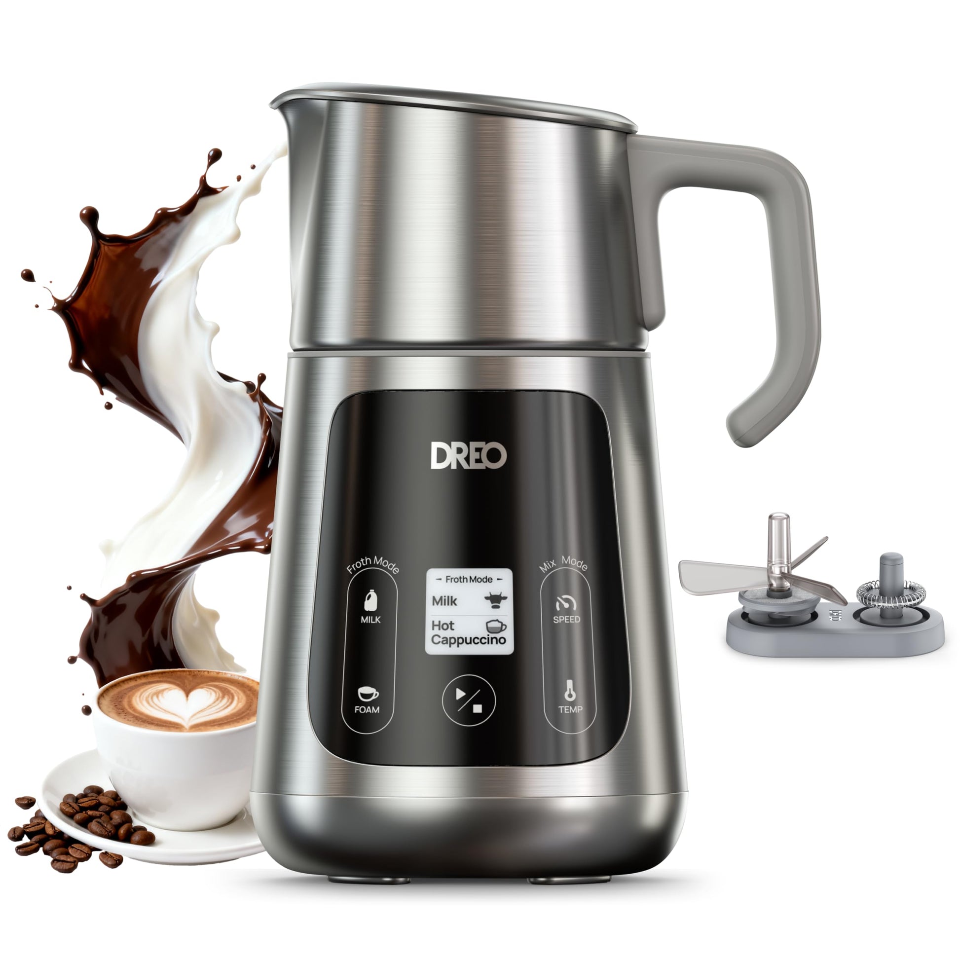 DREO Milchaufschäumer Elektrisch DR-KMF001, All-in-1 mit LED-Anzeige, Silber