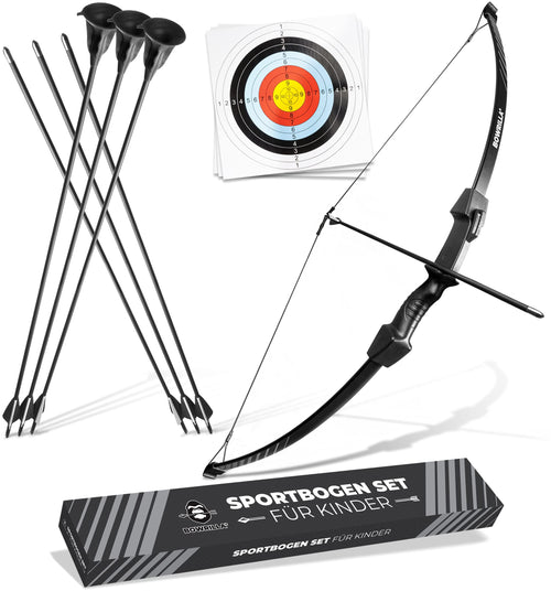 BOWRILLA Pfeil und Bogen Kinder Set, Sportbogen mit 6 Pfeilen, 3-teiliges Take-Down Design