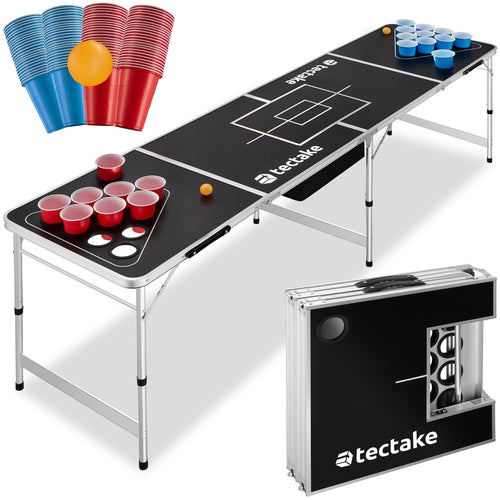 tectake Bierpong Tisch klappbar mit Eisfach, 100 Becher und 6 Bälle – Spieltisch aus Aluminium mit Becherhaltern