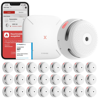X-Sense Smart Rauchmelder XS01-M Set mit SBS50 Basisstation, 24 Stück, vernetzbarer Funkrauchmelder