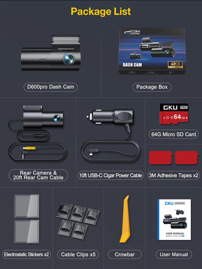 GKU D600Pro 4K Dashcam Auto vorne und hinten mit GPS und WiFi