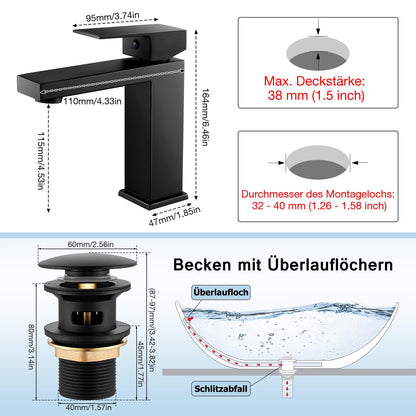 BOOXELY Waschtischarmatur Schwarz Matt mit Pop-Up Ablaufgarnitur