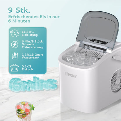 EUHOMY Eiswürfelmaschine, 9 Eiswürfel in 6 Minuten, 12 kg/Tag, weiss