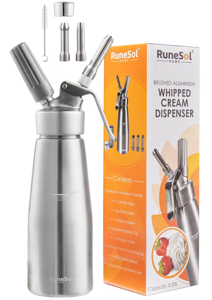 Runesol Sahnespender 500 ml aus Aluminium mit 3 Edelstahl-Düsen, Sahnesyphon für Schlagsahne und Desserts