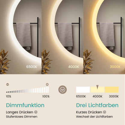 EMKE Badspiegel Rund 50cm – Dimmbare LED-Beleuchtung, Antibeschlag