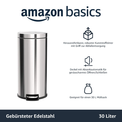 Amazon Basics runder Mülleimer Soft-Close - Edelstahl 30l