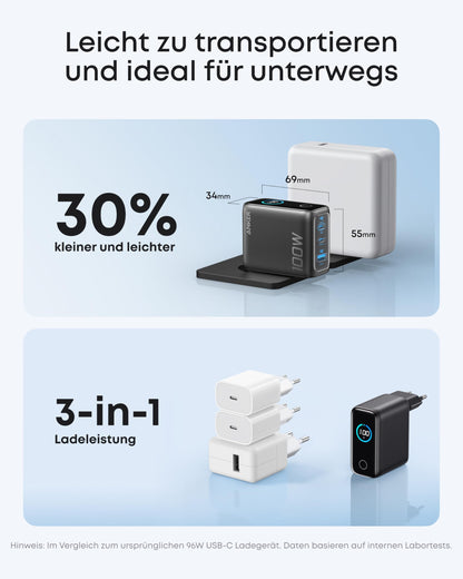 Anker 100W USB-C Ladegerät, 3-Port GaN Wandladegerät mit Display