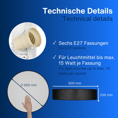 REV Rund 50cm Stoff Vintage Deckenleuchte - Schwarz