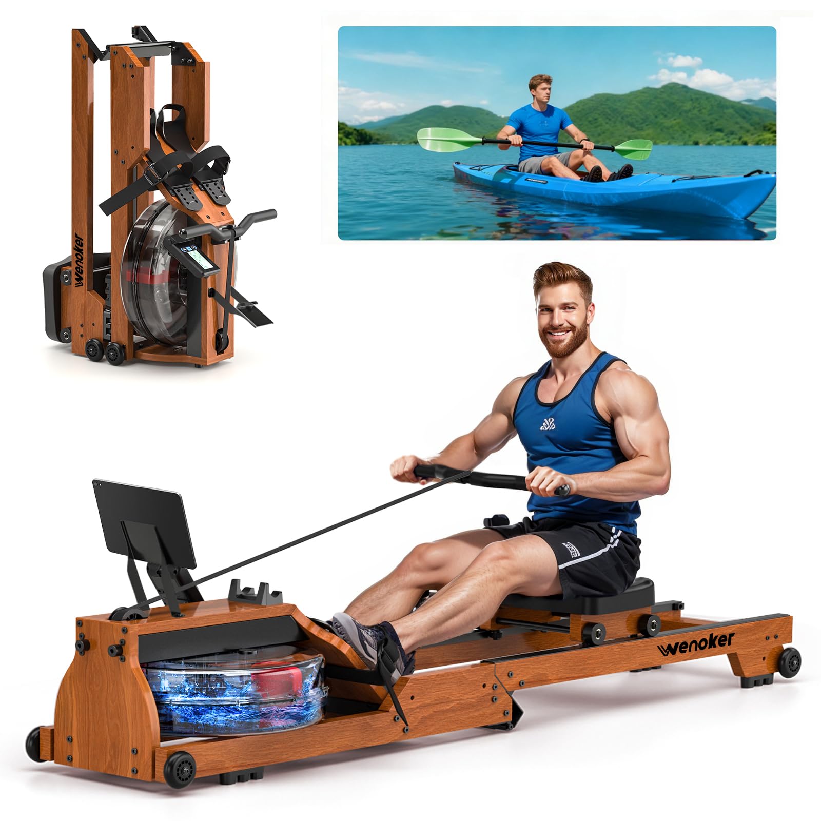 Wenoker Rudergerät Wasser Massivholz Klappbar - Bluetooth. Klappbares Massivholz-Rudergerät mit Wassertank für realistisches Ganzkörpertraining und Bluetooth.